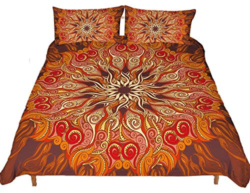 Loussiesd Mandala-Bettbezug-Set, King-Size, Bohemian-Boho-Bettwäsche-Set, 3D-Ethno-Blumenmuster, luxuriös, exotischer orangefarbener Druck, Tagesdecke mit 2 Kissenbezügen, Mikrofaser-Bettbezug,