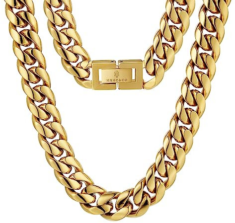 KRKC&CO 12mm Panzerkette 18K Gold Plattiert Cuban Link Chain Edelstahl Herren Miami Kubanische Gliederkette Hip Hop Halskette für Männer Jungen Größe 56cm