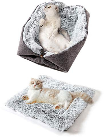 shimytop Katzenbett Waschbar Flauschiges Katzenkissen - 2 in 1 Katzen Schlafplatz Katzensofa Katzendecke Weich für Katze Kleine Hunde, Plüsch Katzen Kissen Kuschelbett Größe in 60x51cm, Grau