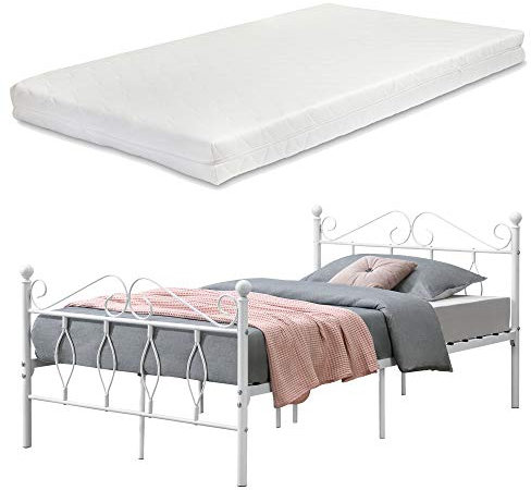 [en.casa] Metallbett Apolda 120x200 cm Jugendbett mit Matratze und Lattenrost Bett mit Kaltschaummatratze Weiß