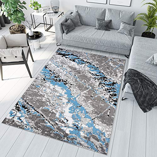 TAPISO Maya Teppich Kurzflor Modern Blau Grau Creme Meliert Streifen Splash Design Verwischt Wohnzimmer Schlafzimmer ÖKOTEX 200 x 200 cm