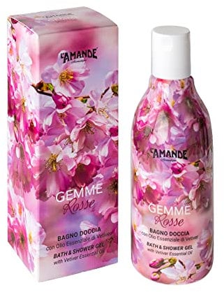 L'AMANDE - Duschgel für Damen mit Noten von Lavendel und Bergamotte, reinigendes und feuchtigkeitsspendendes Gel, sanft und natürlich, entspannendes und stressabbauendes Schaumbad - Rote Edelsteine,