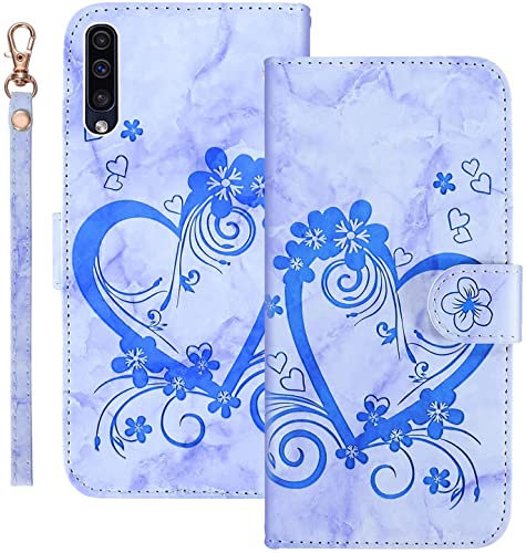 Jeffene Handyhülle für Samsung Galaxy A50/A50S/A30S (6.4 Zoll) Hülle,Blume Liebe Herz Muster Marmor PU Leder Tasche Flip Case Cover Etui Brieftasche Schutzhülle Lederhülle Klapphülle -Blau