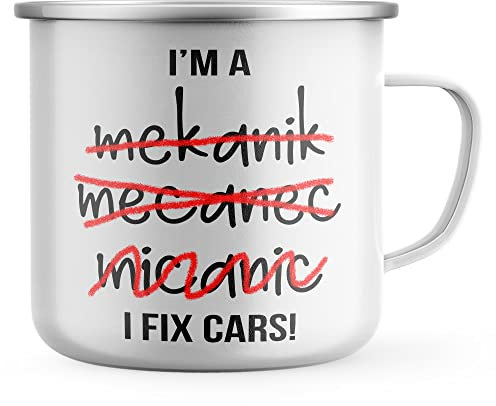 Purple Print House Funny Mechanic Enamel Mug, I Fix Cars Bad Spelling, Mechanic Gifts for Him, Dad Grandad Birthday Automotive Gift, Car Garage Metal Coffee Cup for Hiker, One Size, White