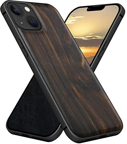 Carveit Coque Magnétique pour iPhone 13 [Élégant Bois Sombre] [Pare-Chocs en TPU Souple] Antichoc Compatible avec Magsafe (Façon Bois Brut)