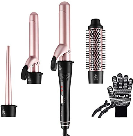 CkeyiN Rizador Profesional 4 en 1,Con Barriles de Cerámica Reemplazables y Guantes de Protección,Herramienta Multifuncional Para Peluqueros,Ideal Para Rizos Grandes y Pequeños (13-35 mm)