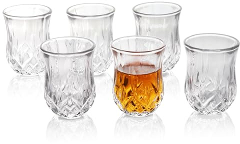 QUAFFER Shot Glass (Set of 6) – Elegant Diamond Patterned Shot Glasses 1.75 oz – Classic Whisky Vodka Tequila Sherry Brandy Cordial Mini Snifters Glasses - Perfect for Parties, Bars, Events, Home Bar