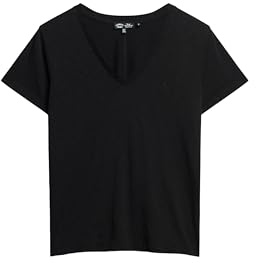 Superdry Damen Strukturiertes T-Shirt mit V-Ausschnitt und Stickerei Schwarz 44