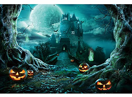 Ttincceer 220x150cm Halloween fête Photographie Fond château Pleine Lune énorme Arbre Mort Toile de Fond Terreur château Arbre Citrouille Photographie Toile de Fond