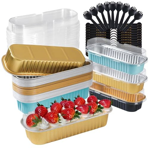 30pcs Mini Loaf Pans with Lids and Spoon 200ml Aluminum Foil Reusable Mini Loaf Tins Bread Containers Mini Cake Baking Pans Cupcake Cases, Mini Foil Baking Pans Muffin Cake Trays with Lid, Multicolor