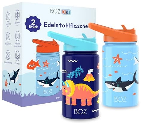 BOZ Kids Insulated Water Bottle with Straw Lid - Two-Pack Bundle, Shark/Dinosaur Stainless Steel Vacuum Double Wall Water Cup, 14 oz (414ml). Scratch-Resistant, Carry Handle, and Dishwasher-Safe