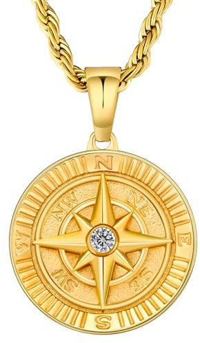 KRKC&CO Kompass Münze Anhänger Kette Goldkette Herren, 2,5mm 55,9cm Rope Kette Kettenanhänger Windrose mit Zirkonia Gold, 18K vergoldet Edelstahl Halskette Medaillon, Geschenk für Männer Jung Freund