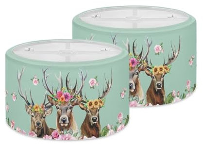 Xoenoiee Hirsch Blumen Grün Muster 2 Sätze Stoff Lampenschirm PVC Trommel, Boden Lampenschirme Zylinder Pendelleuchte Tischlampe Schatten UNO Fitter