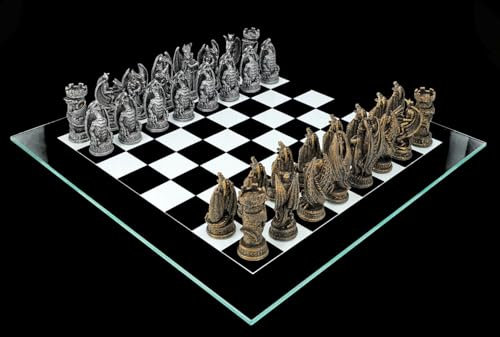 Schachspiel Drachen Fantasy Gold vs. Silber - Schach Set Glasbrett Schachfiguren Figuren Mythologie
