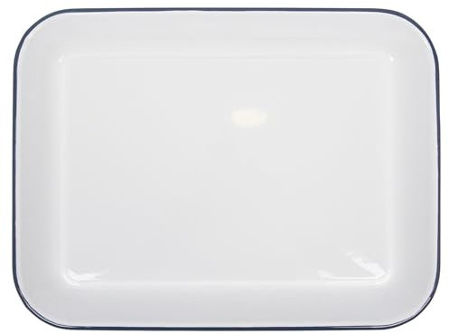 Argon Tableware Enamel Baking Tray - 34 x 26cm - Blue Rim - Lightweight Metal Rectangular Enamel Oven Tray Kitchen Bakeware Flat Cooking Pan for Roasting, Baking