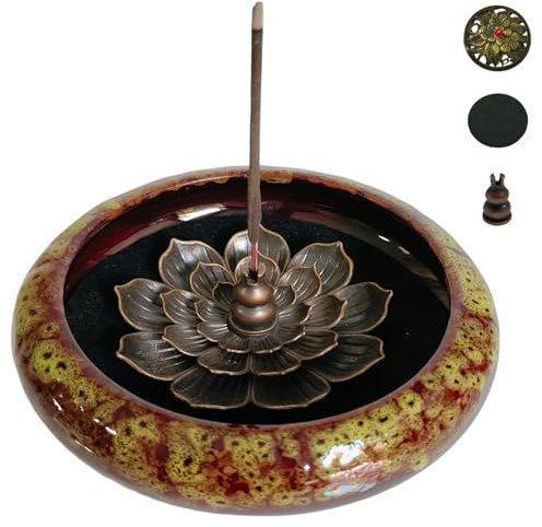 KOPYFANTAP Set de Bruleur Encens en Ceramique, Brûleur D'encens en Céramique avec Porte-Encens De Lotus en Laiton et Couvercle en Métal，Jaune