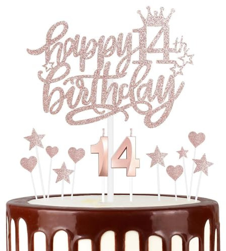 mciskin Girls 14th Happy Birthday Candles Cake Toppers, Number 14 Candle for Cake, Rose Gold Candles for Women Birthday Decorations, Heart Star Cake Toppers for 14th Birthday Party Wedding Anniversary