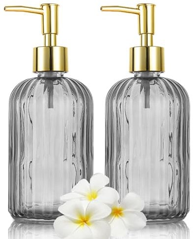 HIYAA Glass Soap, Versatile 14 Oz Dripless Pump Bottle, Refillable Liquid Hand Jar Dispenser for Bathroom, Countertop, Kitchen, Laundry Room (Grey, 2 Pack)