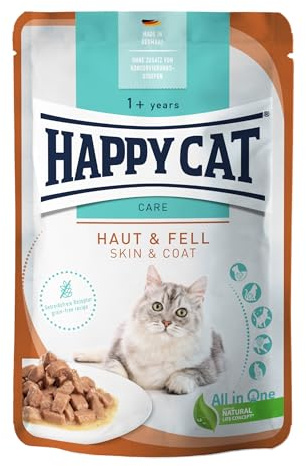Happy Cat Care Meat in Sauce Haut & Fell Nassfutter, 85 g | Getreidefreies Nassfutter in Sauce, für ausgewachsene Katzen mit sensibler Haut, Pouch 85 g