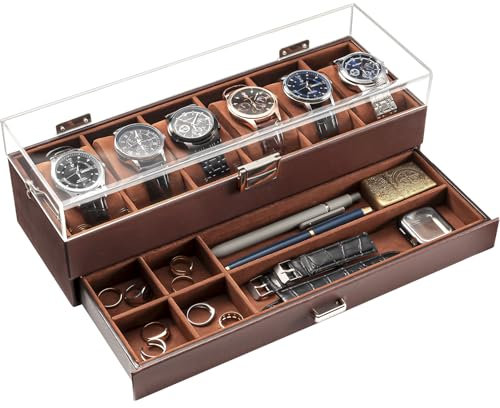 ProCase Uhrenbox mit 6 Fächern,Uhrenkasten mit Schublade, Men’s Watch Box, Uhrenaufbewahrung Uhrenkoffer Uhrenschatulle für Herren, Uhr Aufbewahrungsbox - 6 Fächer, Braun