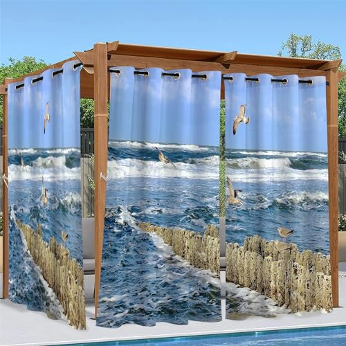 Linfye Outdoor Vorhang Wetterfest, Möwe Outdoor Vorhänge Wasserdicht mit Ösen blaues Meer Sichtschutz Outdoor Gardinen für Draussen Terrasse Balkon Pavillon Garten Pergola 2er Set B 132 x H 213 cm