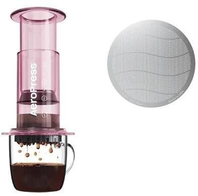 AeroPress - New Special Bundle con Clear Pink Coffee Maker (Rosa Trasparente) + Filtro riutilizzabile in acciaio inossidabile