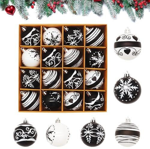 BRTNUP 16 Stück Weihnachtskugeln Ornamente Christbaumkugeln Set Weihnachtskugeln Baumschmuck Schwarz Weiß Weihnachtsbaumkugeln für Weihnachtsbaum Deko