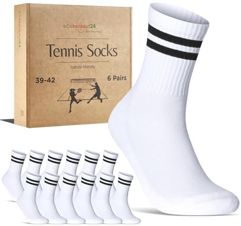 6 Paar Tennissocken Herren 43-46 Weiß Sportsocken Atmungsaktiv Herrensocken Baumwolle Retro Crew Socken (Weiß Ringel 43-46)
