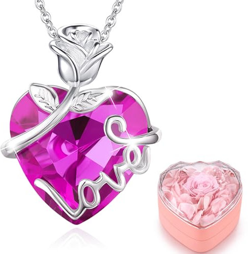 llyish Collier Femme Pendentif Coeur avec Rose Eternelle Coffret Bijoux Cadeau Femme Original Cadeau Anniversaire Femme Copine Maman Cadeau Noël Saint Valentin Cadeau Fete des Meres
