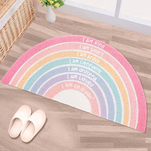 Drydiet Rainbow Doormat Welcome Door Mat Semi-Circular Area Rug with Inspirational Quote Boho Non-Slip Floor Front Doormat Resist Dirt Carpet for Girls Room Classroom 35.43x17.72(Pink Pastel)