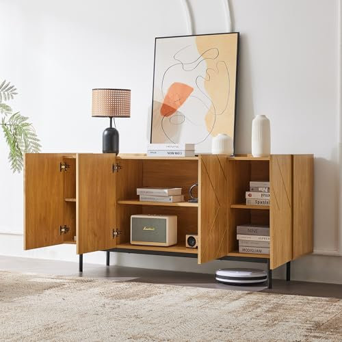 Lexiou Sideboard Wohnzimmer, Buffet Schrank mit 4 Türen und Metall-Inlay – Vielseitige Kommode, Anrichte, Beistellschrank, Standschrank – Naturholz- Maße: H 78 cm/B 160 cm/T 40 cm
