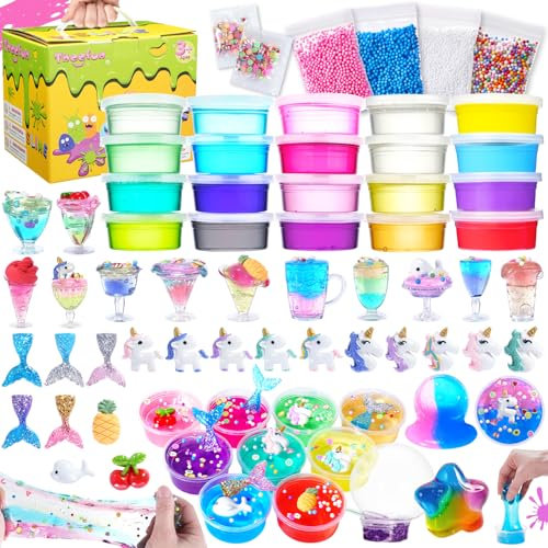 Slime Kit Theefun Bricolage Kit de Slime Kit de Fabrication Slime Comprenant 20 Cristal Slime, 4 Argile, Breloques Slime Licorne, Bricolage Jouets pour Filles Garçons Les Enfants de 3+ Ans