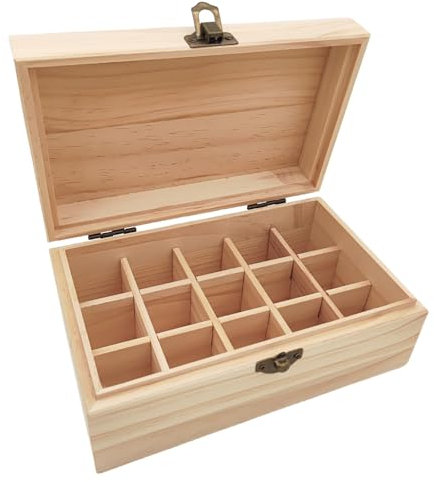 Anktily Scatola portaoggetti in legno grezzo con 15 scomparti, 18,5 x 11,5 x 7,5 cm, scatola in legno non verniciato con chiusura per piccoli ricordi, gioielli, porta bustine di tè