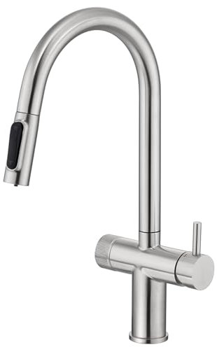Faustina Robinet de Cuisine 3 Voies avec Douchette Extensible, 2 en 1 Mitigeur Monocommande Double Levier Robinet d'évier de Cuisine pour Systèmes Filtre à eau et d'Osmose en acier inoxydable brossé