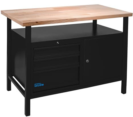 Güde Werkbank P 1200 SLT Black Line - 1190 x 650 x 850 mm, Robuste Profi-Qualität, 40 mm Massivholz-Arbeitsplatte, 3 abschließbare Schubladen, 1 Fach mit Tür, max. Flächenlast 400 kg