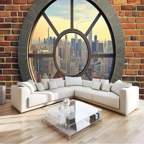 3D Alte Ziegelmauer Fototapete Wandbild - Runde Fenster Wanddeko - 350 x 256 cm (B x H) Wandtapete Fotoplakat für Wohnzimmer, Küche, Schlafzimmer - Wandkunst