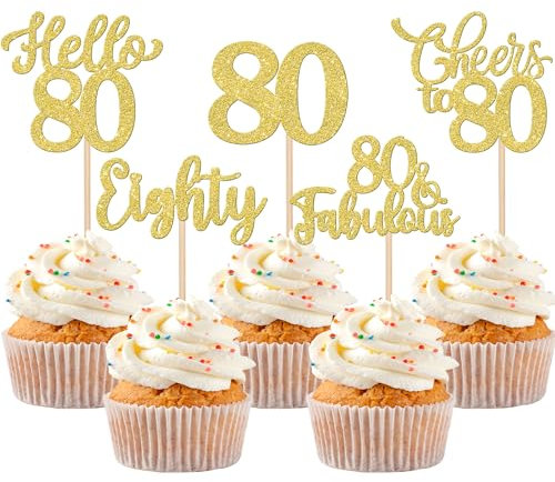 Xsstarmi 30 Pack Happy 80th Birthday Cupcake Toppers Gold Glitter Hello 80 Fabulous Eighty Birthday Cupcake Picks Cheers to 80 Years Cake Decorations for Happy 80th Birthday Party Supplies