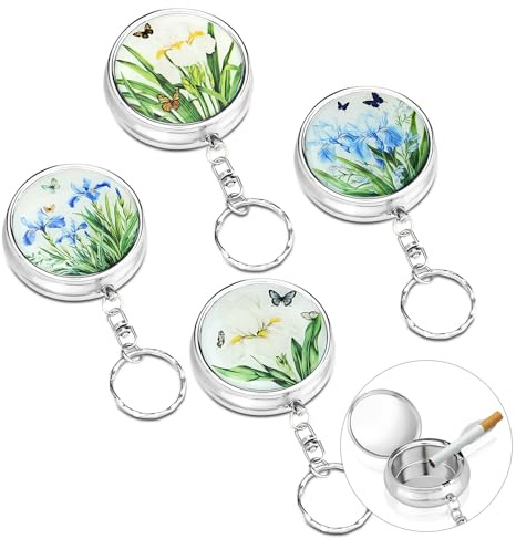 XINGAYTU 4 Pcs Portable Ashtray for Cigarette, Pocket Ashtray with Keychain | 2 x 4.5 cm, Stainless Steel, Airtight Seal, for Camping Hiking, Modern Table Decor, Eco-Friendly, Floral Pattern