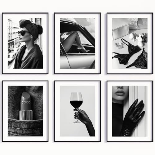 MJ-GRAPHICS® 6 Poster Chic Noir Poster Set Fashion Bild Coco Kunstdruck Feminin Wohnzimmer Wein Wandbild Schwarz Weiß Fashion Eleganz Lippenstift Wein High Heels Coco Boho – A4 Ohne Rahmen