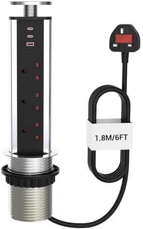 ZYMY Pop Up Sockets for Kitchen Worktops with 3 USB Ports(2 USB C and 1 USB-A), Desk Power Socket with USB C, 3250W/13A Recessed Power Strip 1.8M Cable for Home, Office - Chrome