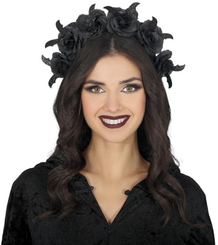 FIESTAS GUIRCA | Schicker Haarreif mit Schwarzen Blumen und Fledermäusen - Zubehör für Halloween Feen und Día de Muertos Kostüme - Tag der Toten Haarreif Ideal für Karneval und Fasching