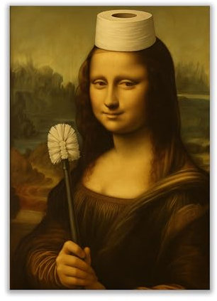 WBdesignz Lustiges Poster – Mona Lisa mit Klobürste und Toilettenpapierhut – Ironische Kunst-Parodie als Wanddeko für Gäste-WC, Badezimmer oder Toilette (DIN A4) – ohne Rahmen