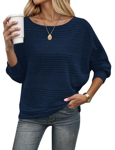 WNEEDU Jersey Mujer Otoño Invierno Fino Punto Rayado Suéter Elegante | Con hombros descubiertos, mangas de murciélago, cuello barco, holgado amplio, prenda casual