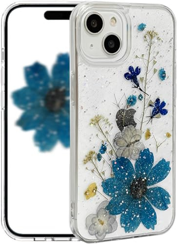 Riccase for iPhone 15 Case Clear with Real Dried Flower, Shockproof Transparent Soft TPU Protective Bumper Slim Glitter Cute Floral for iPhone 15 Phone Case, Blue Flower