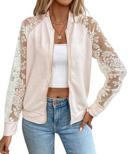 LEBOOBELL Blouson Baseball Femme Élégant Printemps Automne Manches Longues en Dentelle Brodée à Motifs Ajourés Veste Casual Chic