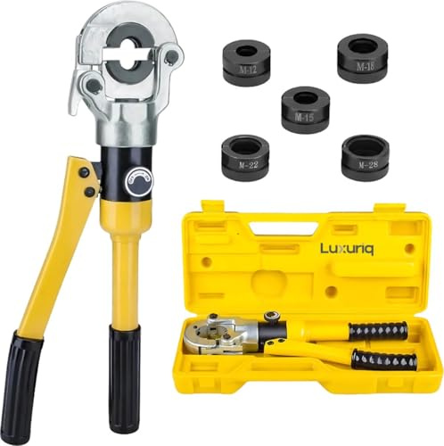 Luxuriq Profi Presszange M Set, Crimpzange, Presszange Wasserleitung, Presszange Bonfix, VSH, Edelstahl, Stahl und Kupferrohre, M 12-15-18-22-28 Set, Presswerkzeug mit 360° drehbarem Kopf