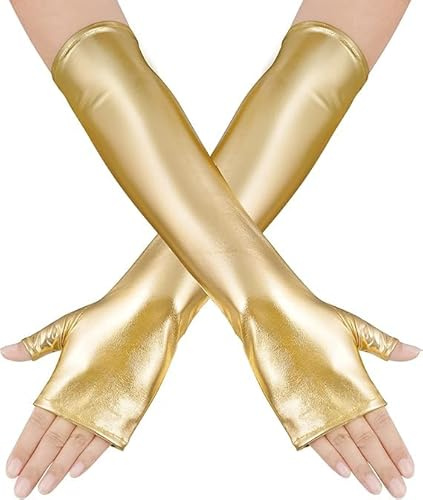Gold Lackleder Handschuhe, Fingerlose Handschuhe Leder Lang, Glänzende Handschuhes Langs Damen Leders, Opernhandschuhe Leder, Kunstleder Handschuhes Lang für Karneval Cosplay Halloween Kostüm Party