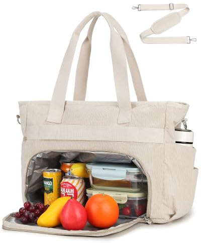 Makukke Arbeitstasche Damen mit Isoliertem Lunch-Fach, 12 Fächer Großer Cord Shopper, 15,6 Zoll Laptoptasche, Multifunktionale Tasche für Arbeit Schule & Reise