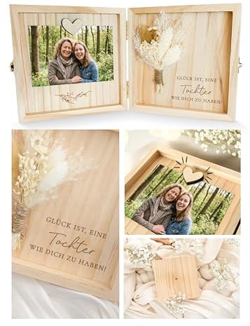 Joli Coon Tochter Geschenk, Holzbox, 14 x 14 x 3 cm | Echte Trockenblumen, Magnet für Foto, Glück ist es eine Tochter wie Dich zu haben, als Erinnerungsbox aufstellbar