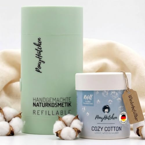 PonyHütchen Deostick Starterset – Nachfüllbares Deo ohne Aluminium – Veganes Naturkosmetik Deodorant Stick inkl. Case + Refill – 24h Schutz - Antitranspirant – Unisex – frische Wäsche – Cozy Cotton